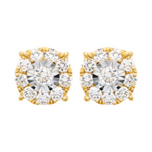 18K Yellow Gold Round Illusion Diamond Earrings