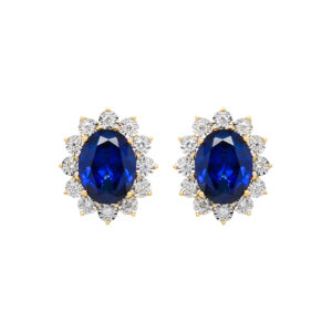 18K Yellow Gold Recrystallized Oval Sapphire with Diamonds Earrings